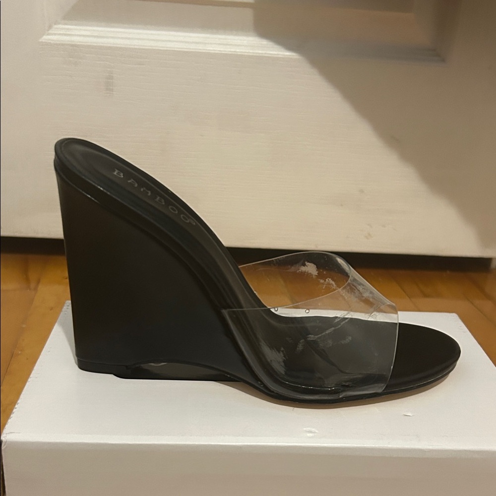 BAMBOO Women's Black Clear Strap Wedges